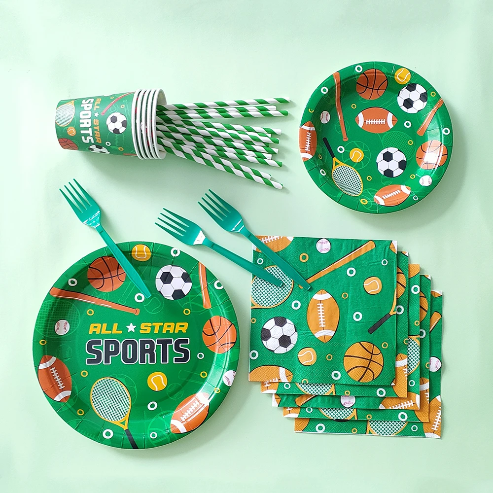 

96pcs Football Basketball Sports Theme Disposable Tableware Soccer Rugby Paper Plate Cup Set Kid Boy Sports Birthday Party Decor