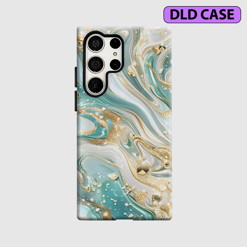 Aqua Gold Swirl Phone Case for Samsung Galaxy S26 S25 Ultra S24 S23 Ultra Plus Shockproof Double Layer Tough Back Cover