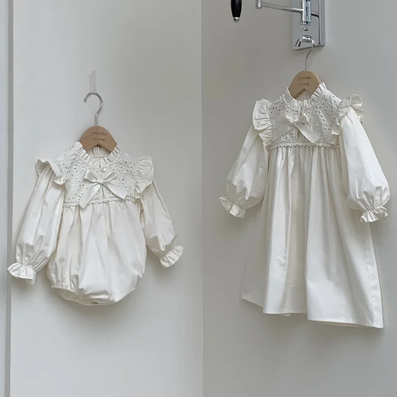 

Autumn Sister Dress Baby Girl Party Dress Ruffled Bow Cotton Lace Stitching Sister Dress Baby Girl Romper Kids Princess Dresses