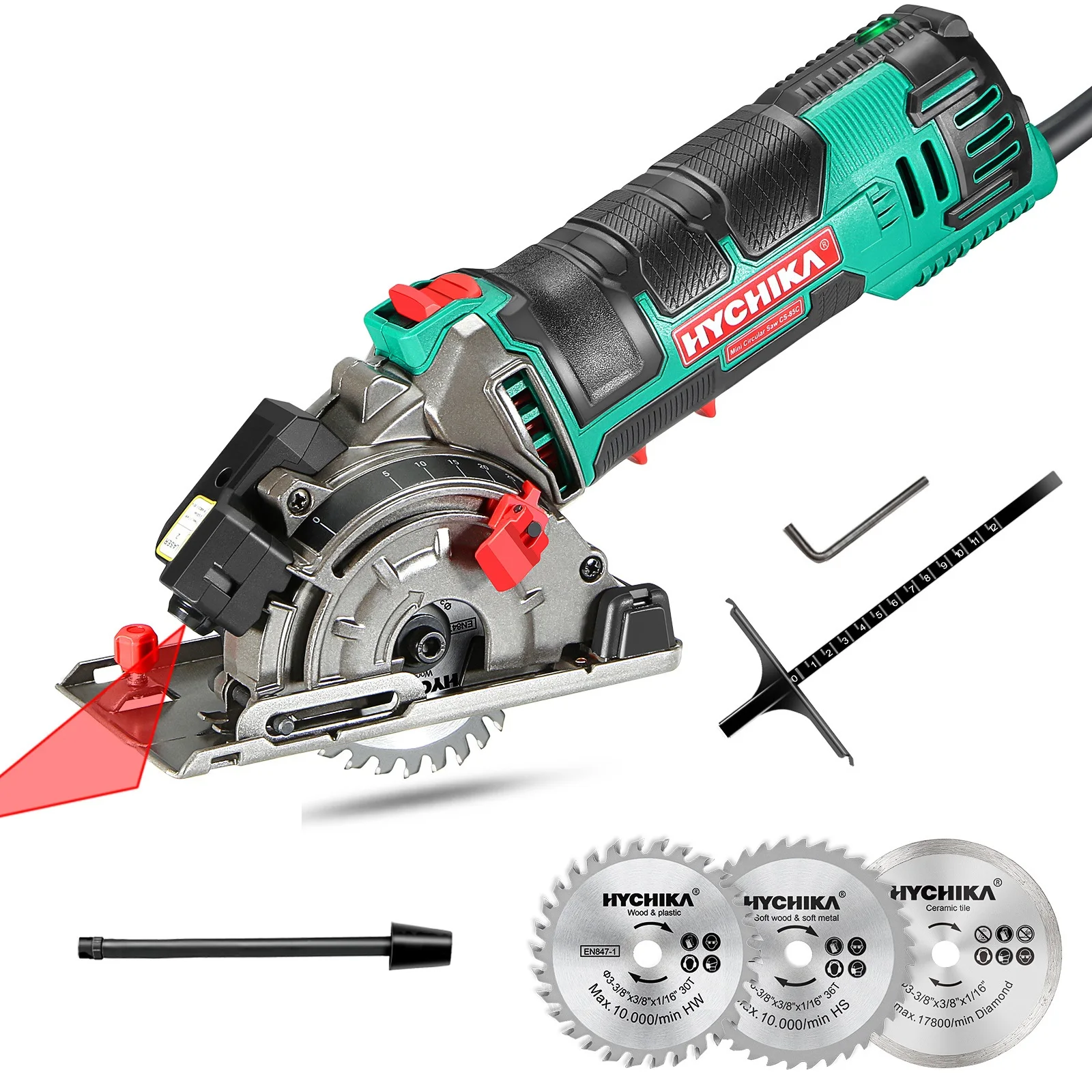 HYCHIKA-minisierra eléctrica Circular multifuncional, herramientas eléctricas de 500W, con sierras de 3 hojas y sierras de hoja