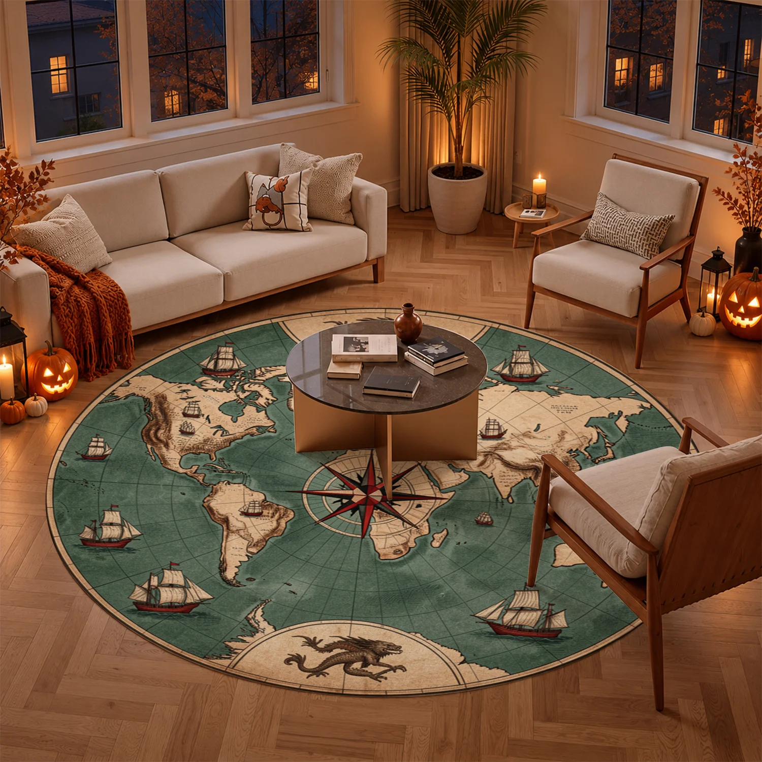 Vintage World Map Sailing Ships Compass Pattern Round Velvet Rug, Machine Washable Decorative Floor Mat for Living Room Bedroom Office Entryway, Ideal for Halloween Thanksgiving Christmas New Year Home Use