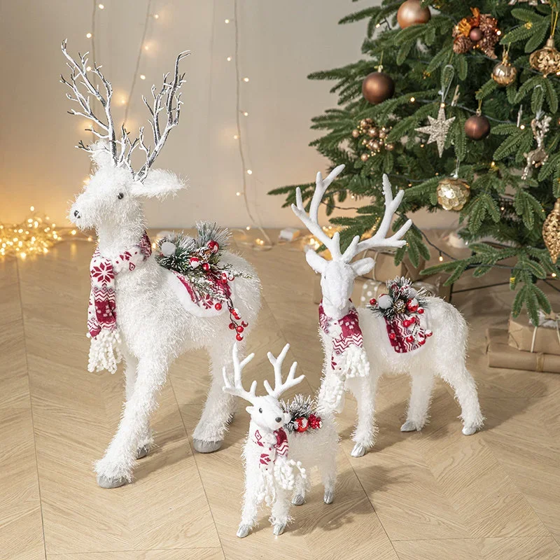 White Plush Reindeer Stuffed Deer Doll Large Soft Animal Figurine for Window Shop Display Holiday Winter Wonderland Home Decor