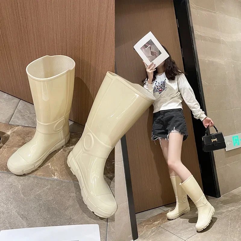 Women Rain Shoes Thickened High Barrel Waterproof Anti Slip Rain Shoes Fashion Work Outgoing Wear Resistant Shoes Trend Platform