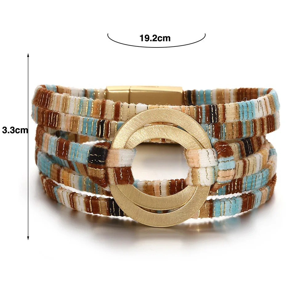 ALLYES Boho Double Circle Colorful Leather Bracelet for Women Vintage Chic Multilayer Wrap Bracelets Bangles Fall Winter Jewelry