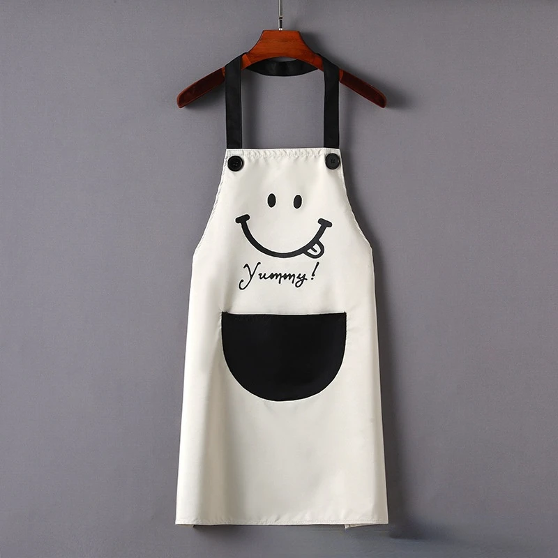 Modern Black PVC Smile Printed Apron Waterproof Oil-proof for Femme Men Big Pocket Apron Dress Household Kitchen Supplies