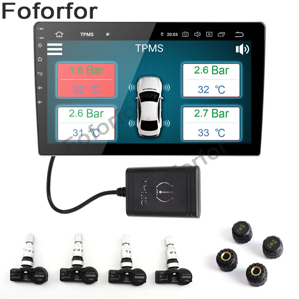 

Foforfor Car Electronic Tire Pressure Monitoring System Wireless TPMS With 4 External Sensors Fit For Android7.1 Android 8/8.1/9