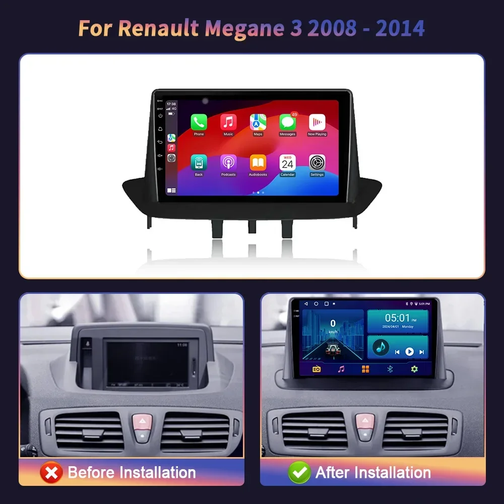 For Renault Megane 3 2008-2014 Android 14 Car Radio Multimedia Navigation GPS 4G WIFI Wireless Carplay Stereo System 2Din Screen