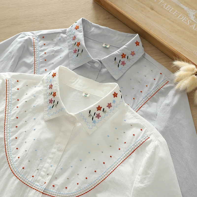 Ethnic Style Design Exquisite Flower Embroidery Shirt Women 2024 New Casual Cotton Women\'s Printed Long Sleeve Shirt Blouses