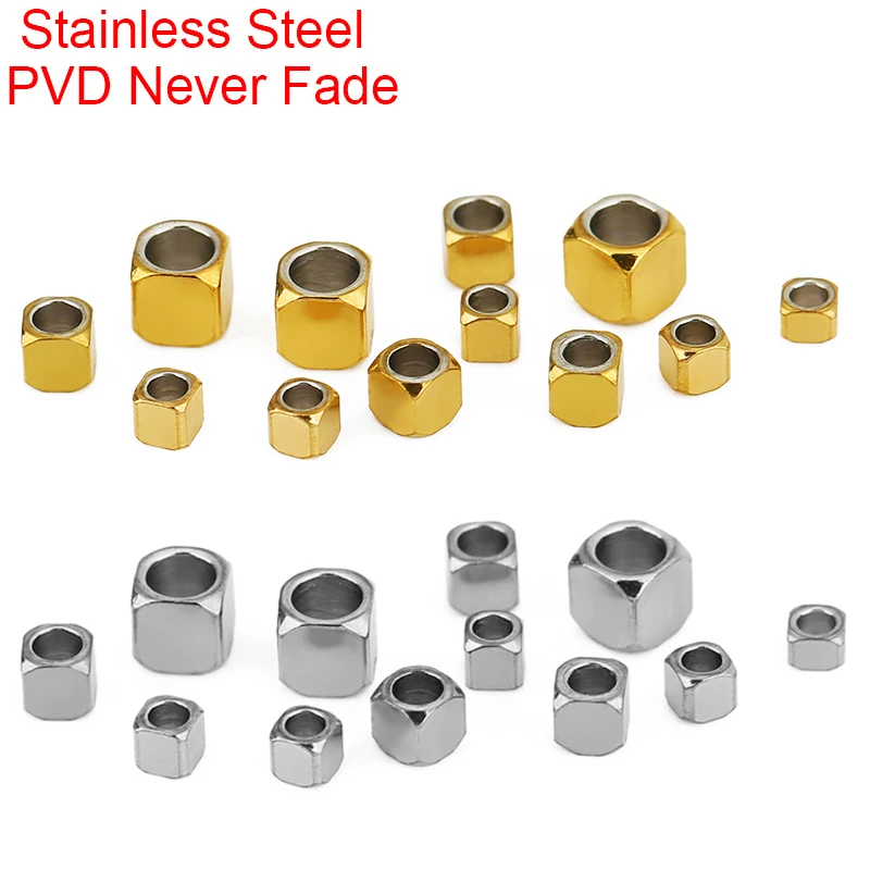 50pcs Stainless Steel Big Large Hole Beads Bulk 2 3 4 mm PVD Never Fade Square Spacer Beads for Jewelry Making Necklace Findings