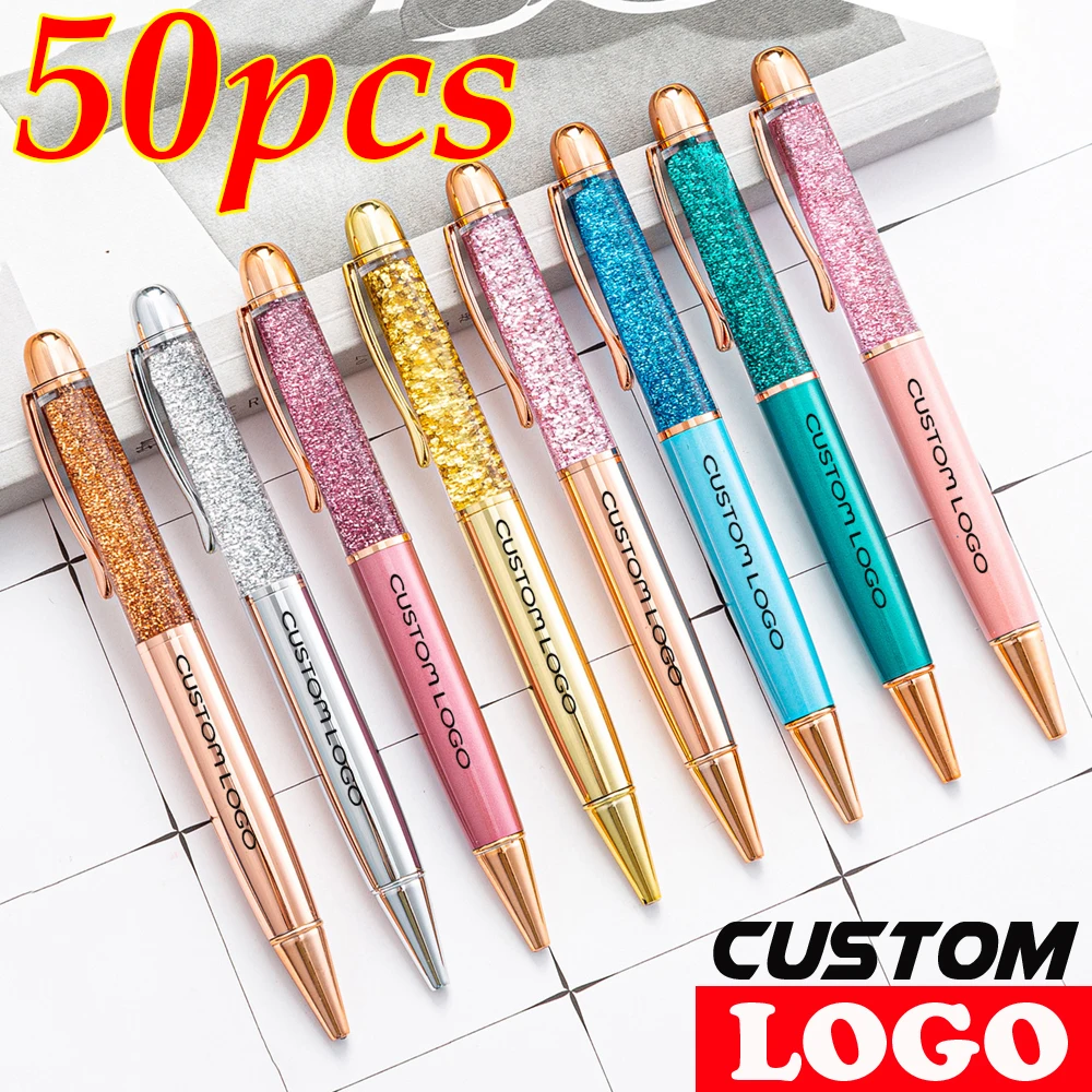 

50 Pcs Luxury Colorful Quicksand Creative Metal Crystal Ballpoint Pen Office Birthday Gifts Custom Logo Engraved Name Rose Gold