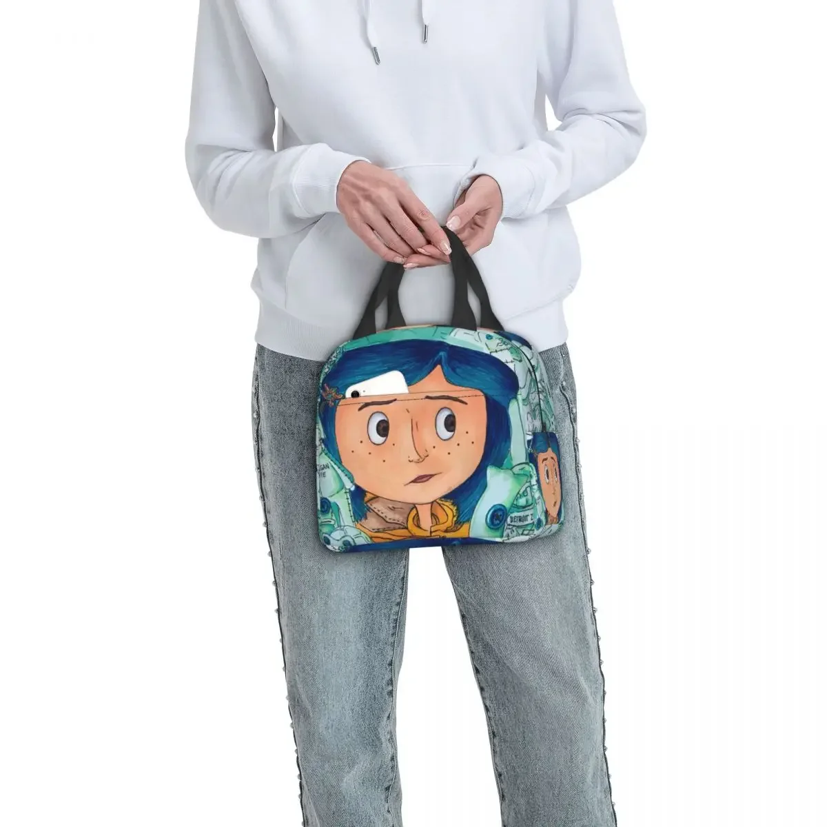 Tas makan siang Coraline Film Halloween kustom kotak makan siang terisolasi termal pendingin untuk anak-anak sekolah Tote makanan anak-anak