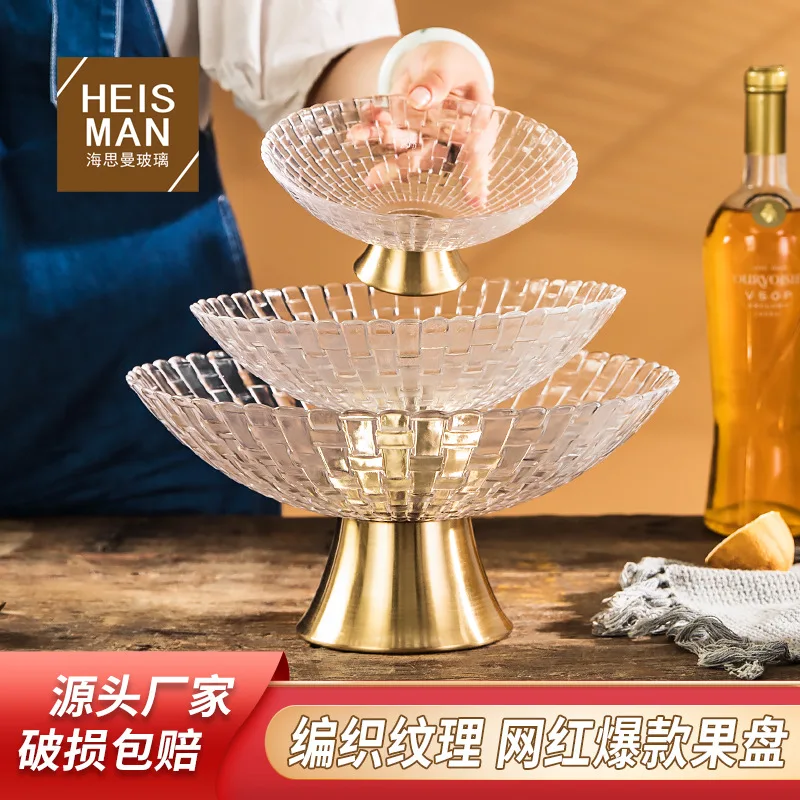 Withered  Haisiman Light Luxury Copper Bottom Woven Pattern Glass Fruit Plate Large Dried Fruit Plate Living Room Tea Table Stor