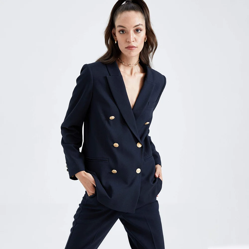 Women Solid Color Pants Sets Fashion Chic Double Breasted Peak Lapel Elegant Daily Office Work Casual Female Outfit Jacket Pants