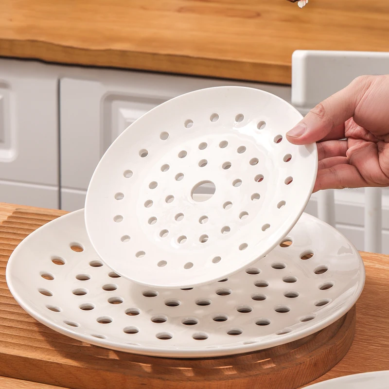 

Ceramic Porous Steaming Plate Creative Steamed Dumplings Sub-plate Seafood Round Drain Plate Kitchen Supplies Cookware Steamers