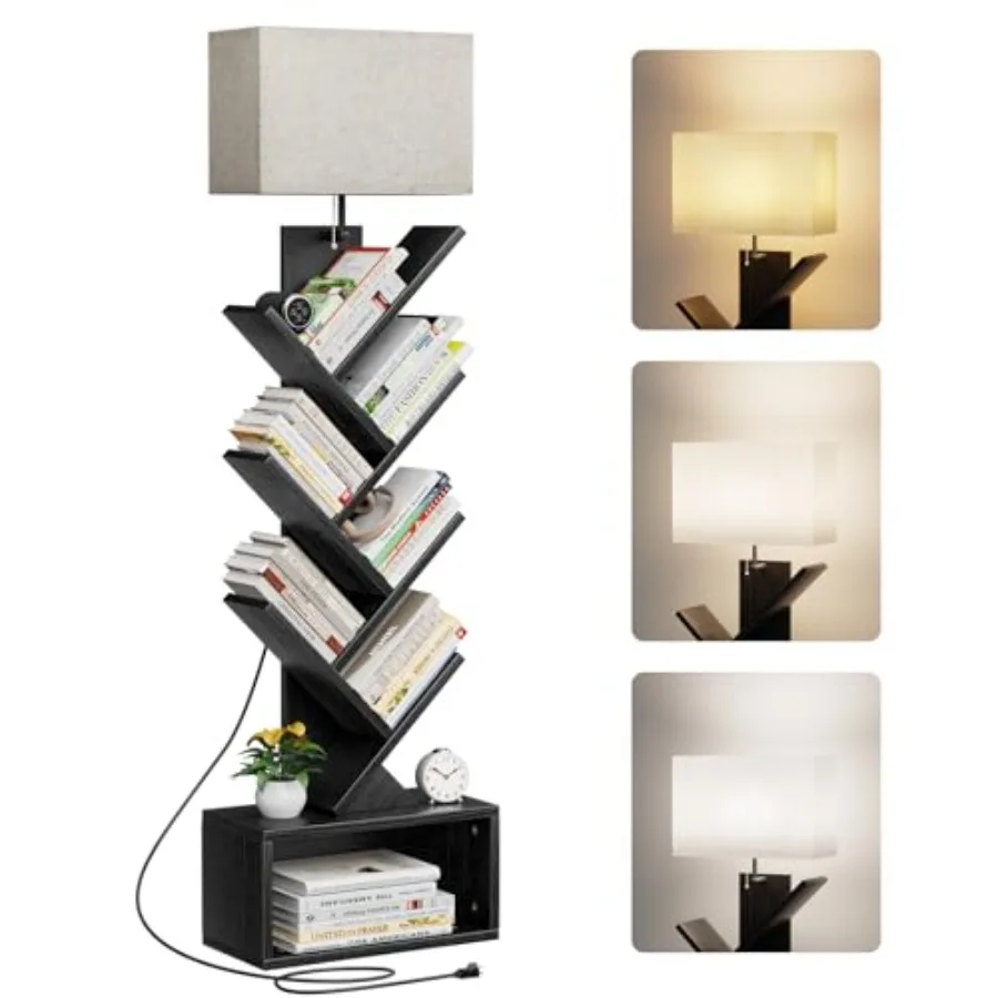 

6 Tier Tree Bookshelf with Light Narrow Bookcase Tower Tall Floor Standing Book Shelf Organizer with Storage Cabinet for Living