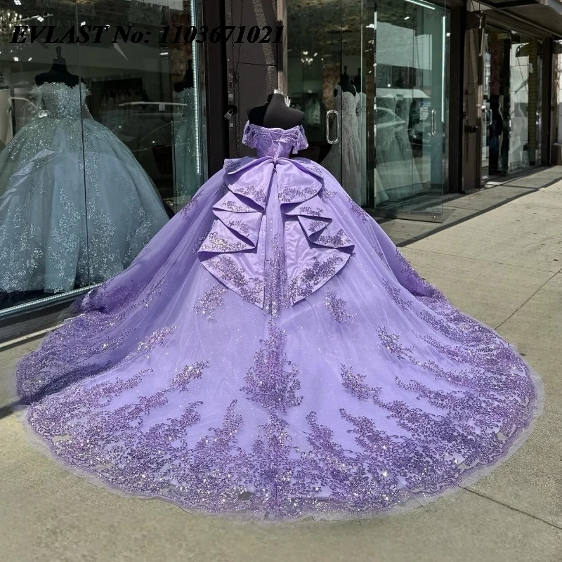 EVLAST ที่กําหนดเอง Lilac Quinnceanera ชุดบอลชุดลูกไม้ Applique ประดับด้วยลูกปัดเม็กซิกันรัดตัวโบว์หวาน 16 Vestidos De 15 Anos SQ619