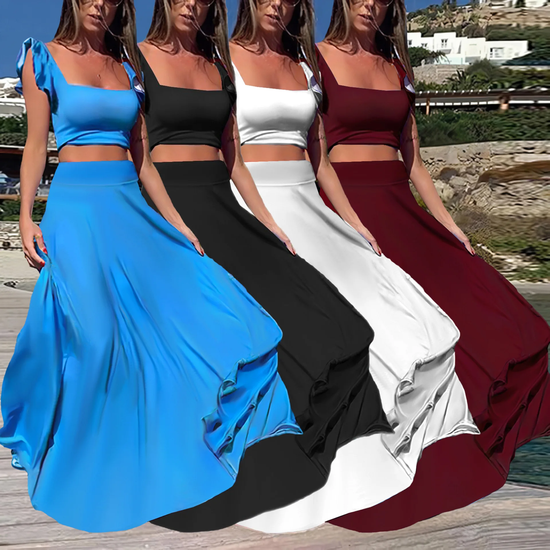 

BKLD Sexy Party Elegant Elastic Solid Color Ruffles Crop Tops Long Skirts Two Piece Sets 2025 Spring New Women Clothing