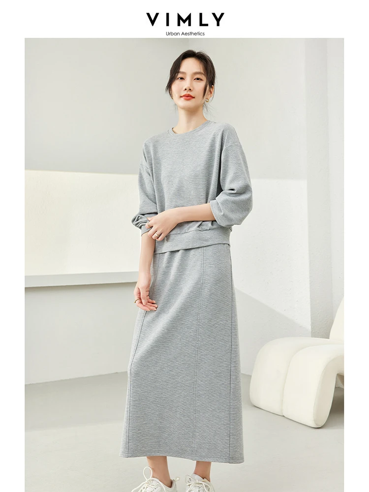 Vimly Grey Simple Casual 2 Piece Sets Womens Outfits O-neck Sweatshirt Split Maxi Skirt 2024 Spring Women's Skirts Sets M5256