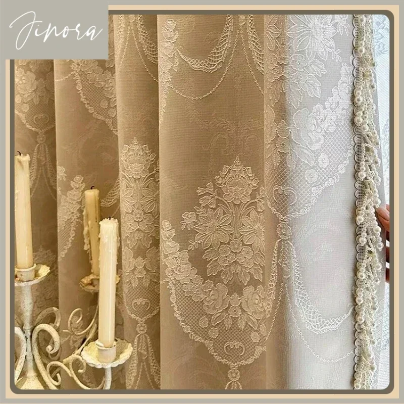 

Custom French Romantic Vintage Jacquard Embossed Lace Pearl Luxury Curtains For Living Room Bedroom Dining Blackout White Tulle