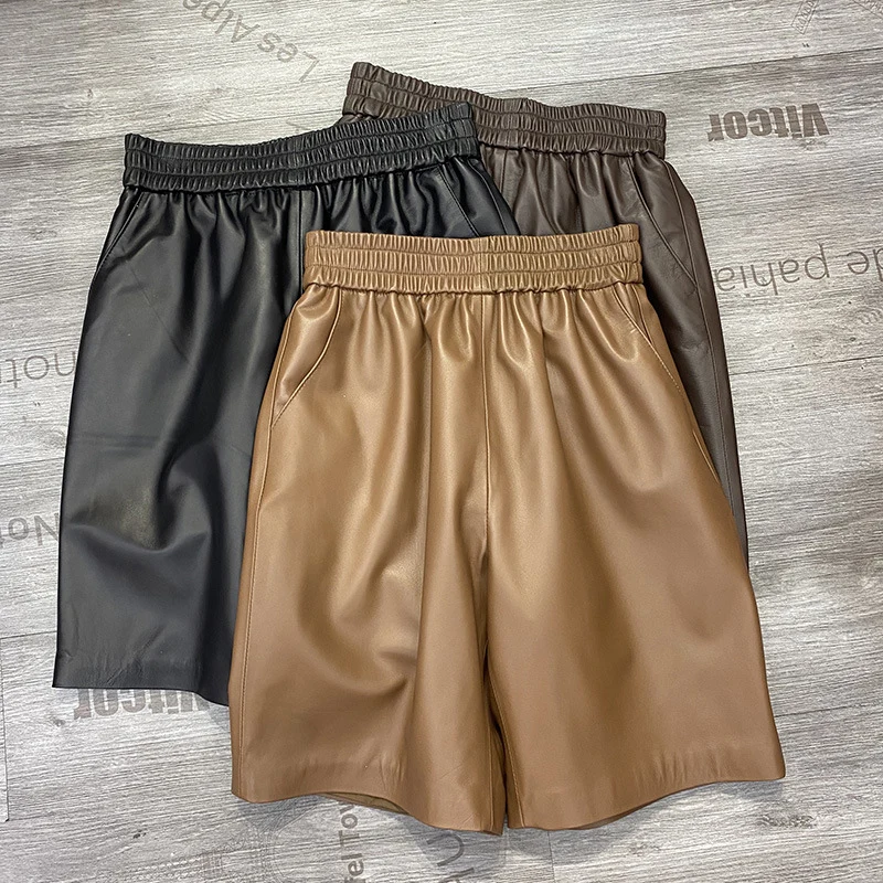 

Julypalette Real Sheepskin Elastic Waist Leather Shorts 2023 Fall Winter Solid Casual High Waist Loose Wide Leg Lambskin Shorts