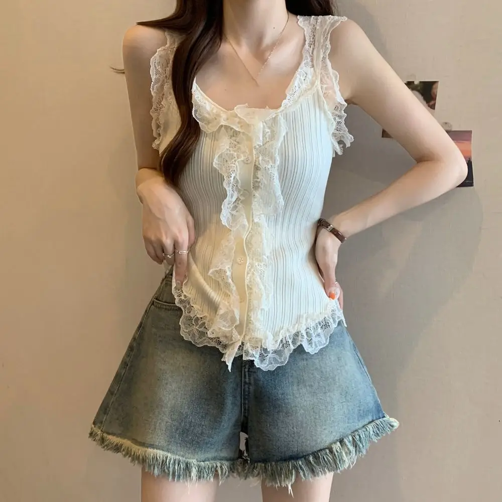 Top corto de punto de encaje Y2k para mujer, chaleco de punto de estilo coreano, camiseta interior sin mangas, camisola de verano