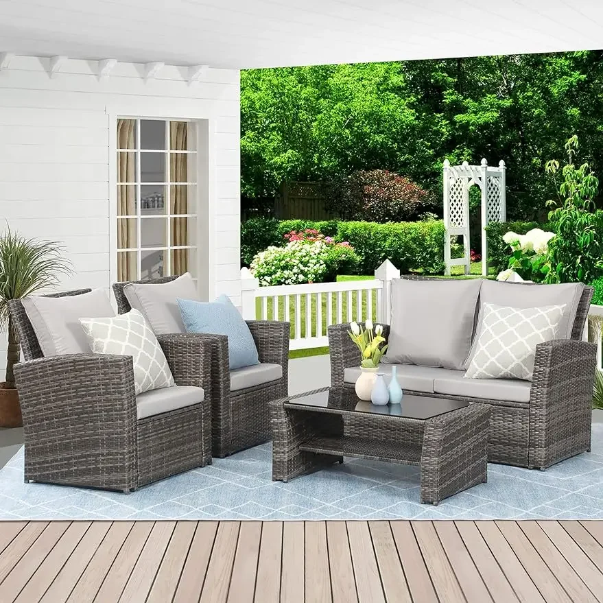 

Lane-Outdoor Patio Furniture Sets, Wicker Conversation Set for Porch Deck, Gray Rattan Sofa Chair with Cushion, 4 Piece