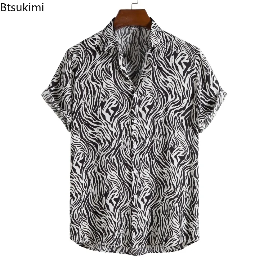 2024 Heren Casual Korte Mouwen Shirt Tops Mode Harajuku Hawaiian Strandblouses Persoonlijkheid Print Knoop Revers Vakantie Shirts