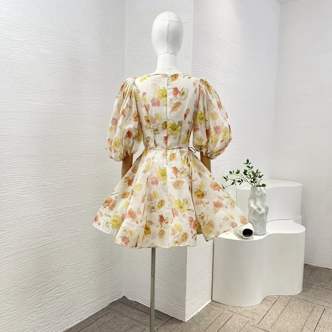 Mini robe en lin à manches courtes bouffantes, imprimé floral, qualité supérieure, nouveau, collection printemps 2024