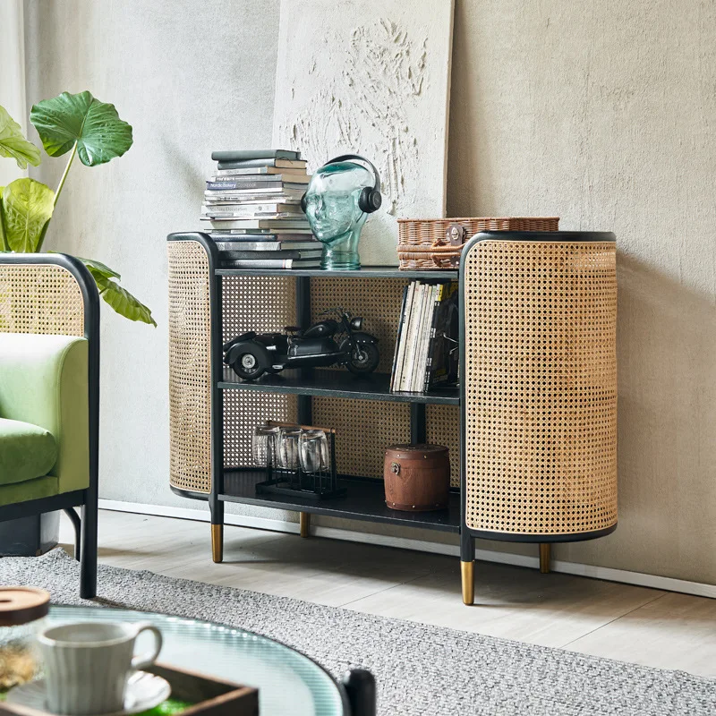 

Modern simple solid wood dining side cabinet Nordic home rattan storage tea side cabinet B & B creative locker simple