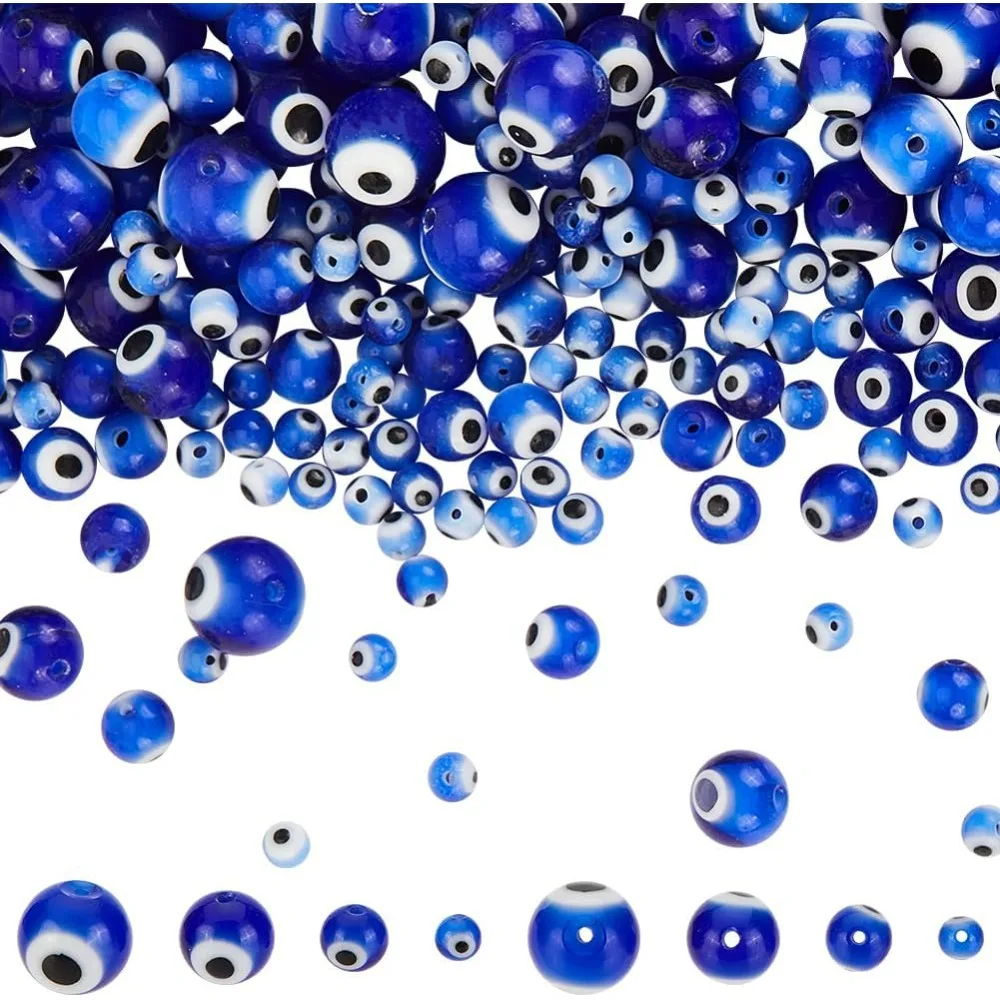 390 Pcs 4 Size Blue Evil Eye Glass Beads Round Evil Eye Beads 4/6/8/10mm Evil Eye Lampwork Glass Beads Handmade Lampwork