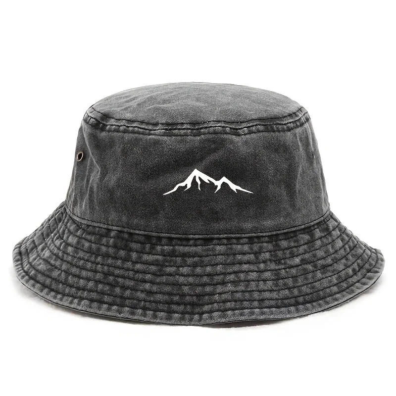 Gewaschener schwarzer Fischerhut mit minimalistischem Bergmuster, Vintage Distressed Sonnenhut, Unisex Outdoor Freizeit-Kopfbedeckung