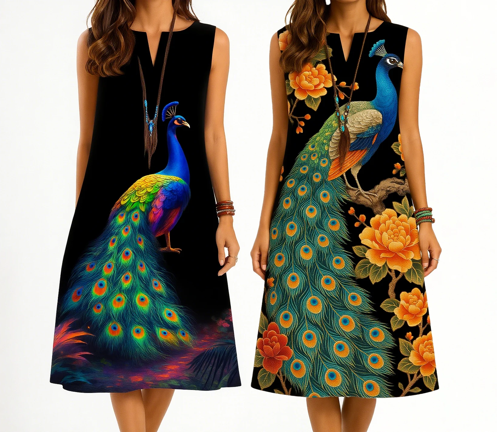 Kurt women's fashionable and elegant long sleeved straight tube casual V-neck peacock pattern luxurious new dress.