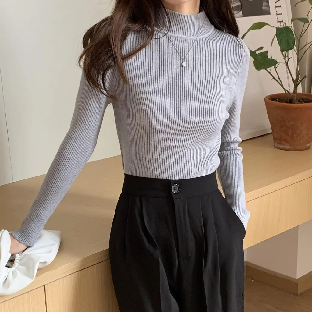 

Women's Slim High Collar Sweater Solid Color Semi-High Collar Versatile Bottoming Shirt for Students Autumn Winter Wholesale