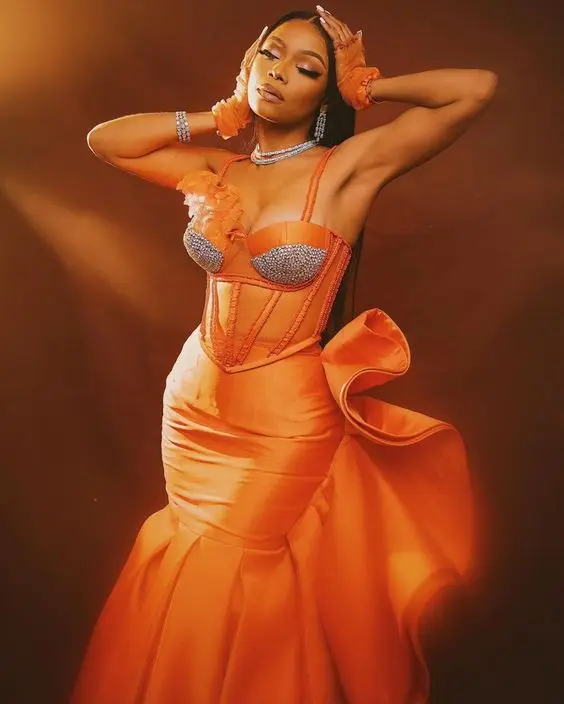 Shiny Crystal Corset African Formal Event Party Dress Bright Orange Mermaid Long Aso Ebi Prom Dresses With Ruffles Maxi Gowns