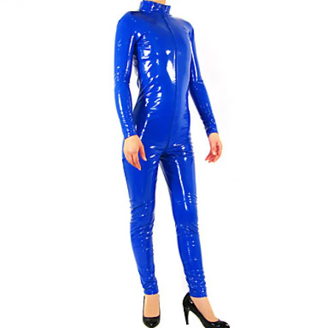 Blue PVC Faux Leather Bodysuit Cosplay Costumes Catsuit Clubwear party jumpsuit front 3-ways zipper to Hip can removable hood