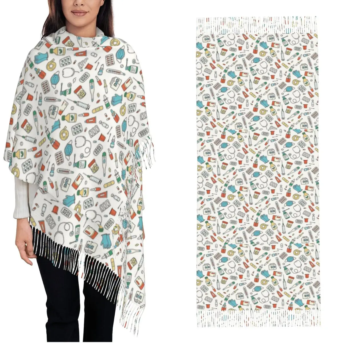 

Medical Healthcare Items Pattern Scarf with Tassel Keep Warm Shawls Wrpas Men Women Large Scarves Winter Vintage Bufanda Mujer
