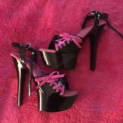 Black Patent Leather Platform Lace-Up Sandals Girls Open Heels Rose Red Lace-Up Hollow 20Cm Sexy Shiny Pole Dance Fuchsia Shoes