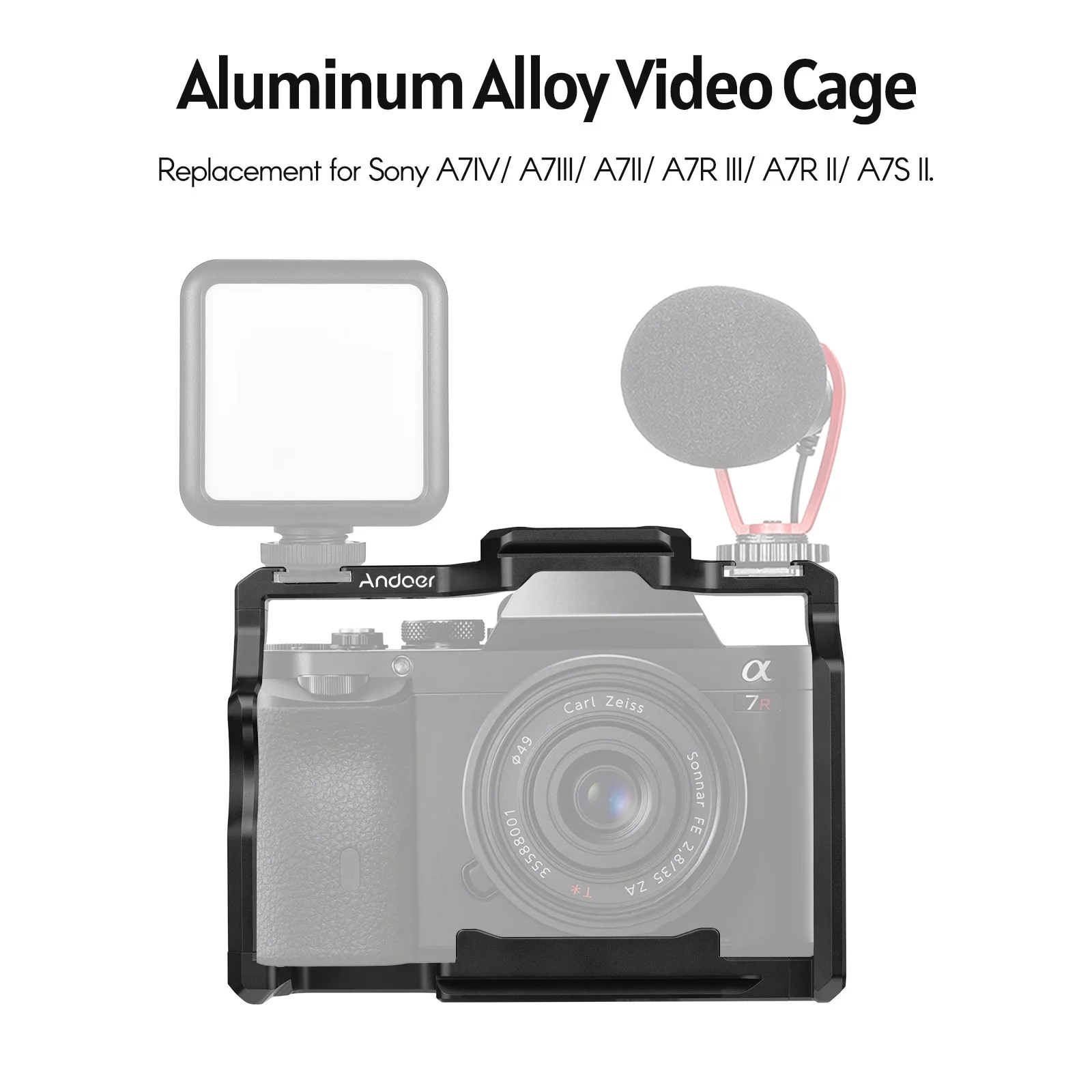 Andoer Camera Cage Aluminum Alloy Video Cage with Dual Cold Shoe Mounts Numerous 1/4 Inch Threads Replacement for Sony A7IVA7III