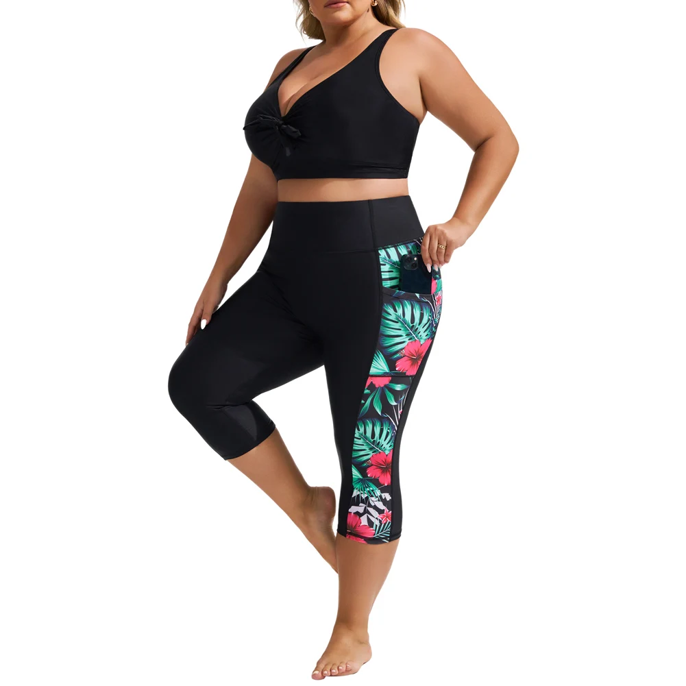 HN Women Ladies Plus Size Contrast Color Swim Capris High Waist Cropped Swim Pants High Stretch