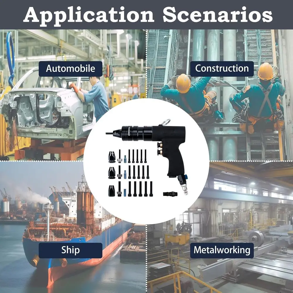 Pneumatic Rivet Gun Kit with 1/4, 5/16, 3/8 Mandrels, Includes 1/4 & 3/8 Air Inlet Fittings