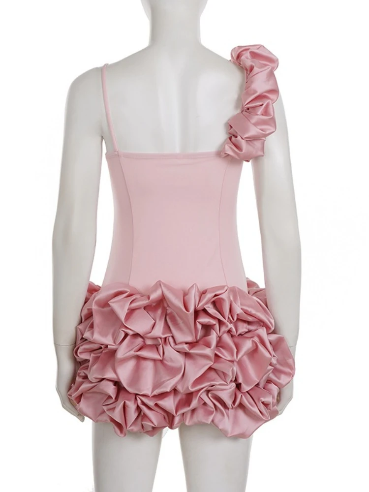 ピンクサテンフリルミニドレス レディース エレガント スパゲッティストラップ ノースリーブ Vネック スリムウエスト ラッフルミニドレス デート パーティー用