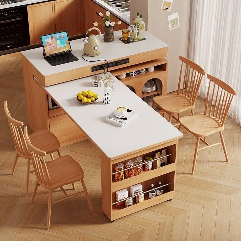 HE Wooden House Solid Wood Island Telescopic Dining Table Integrated Home Sintered Sintered Stone Rotating