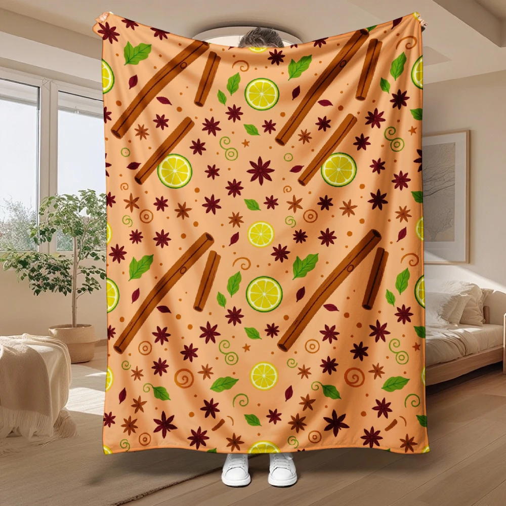 1pc Cinnamon Sticks And Lime Slices Anise Print Flannel Blanket Soft Comfortable Warm Bed Cover Autumn Winter Season Living Room Bedroom Sofa Halloween Thanksgiving Christmas Festival Gift