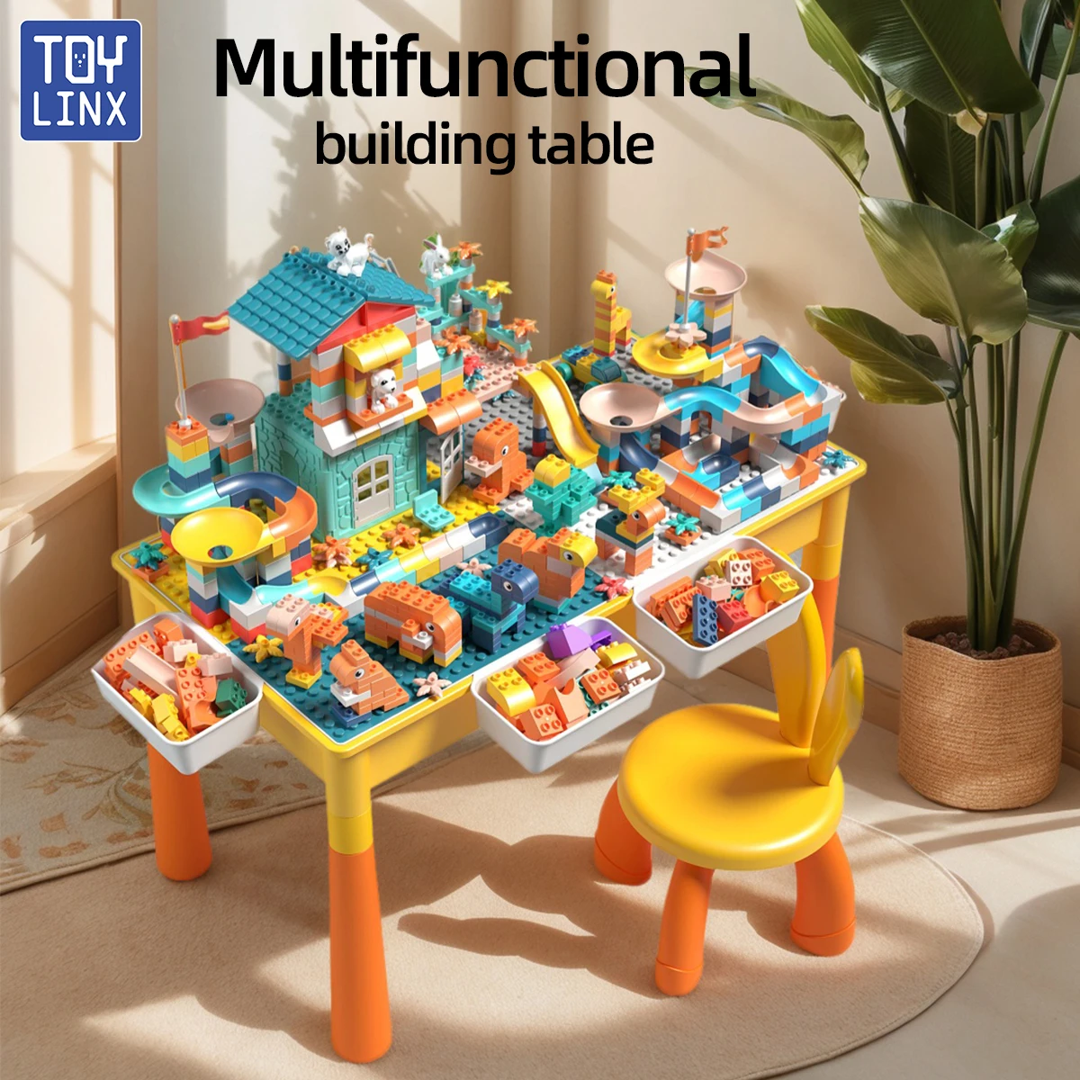 5-in-1 Kids Activity Water Table Toys and Chair Set with 143pcs Large Marble Run DIY Building Block for Kids Ages 3+