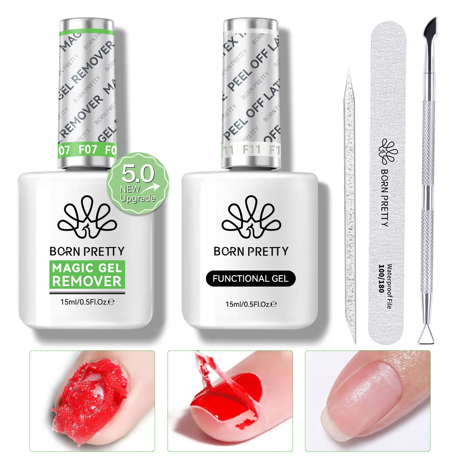 BORN PRETTY 15ml dissolvant magique Gel vernis à ongles ensemble avec poussoir à cuticules décollable Latex outils d'art des ongles manucure tremper le vernis