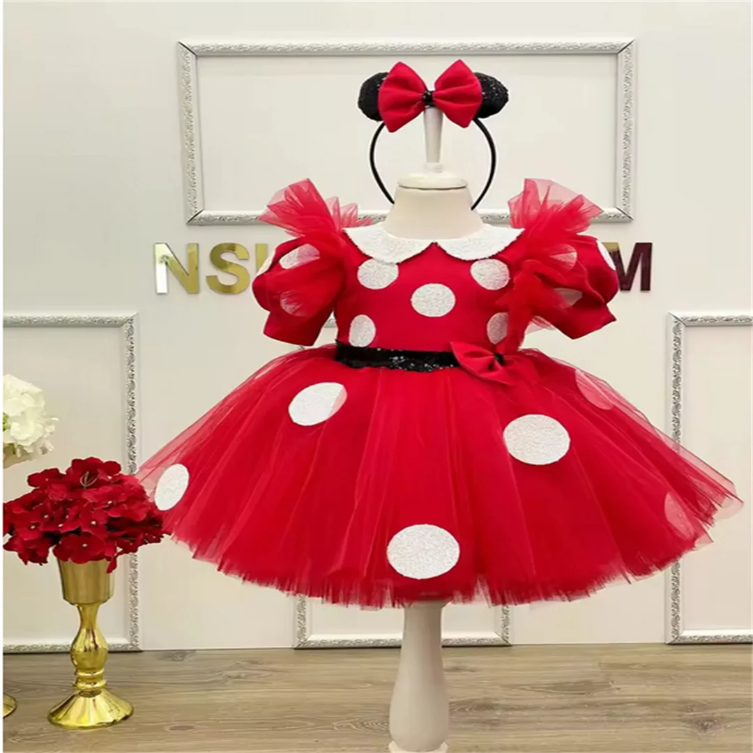 Princess Cute Flower Girl Dress For Wedding Red  With Big Gold Sequin Bow Wedding Dress Kids Ball Gown First Communion Wear