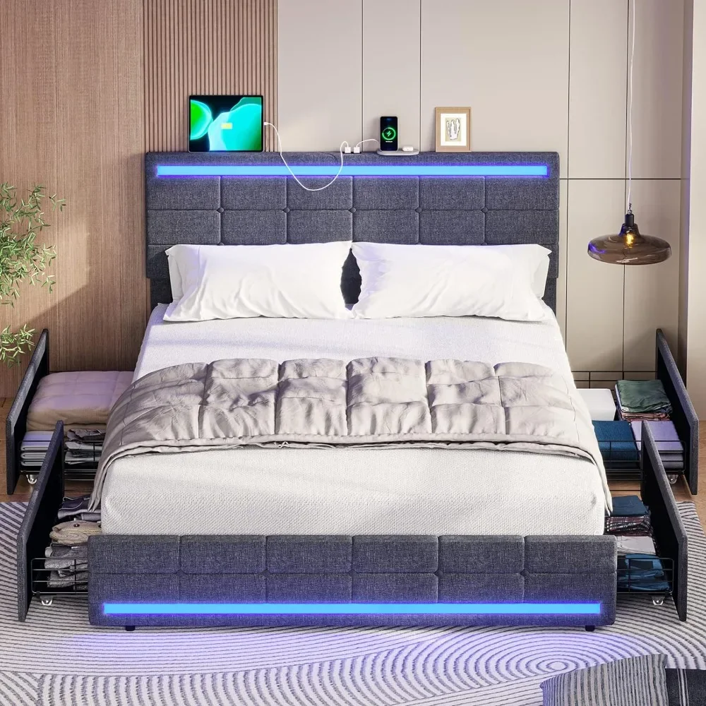 Full Size Bed Frame with LED Lights, Full Beds Frames with 2 USB Charging Station and Storage Drawers, Platform Bed Frame