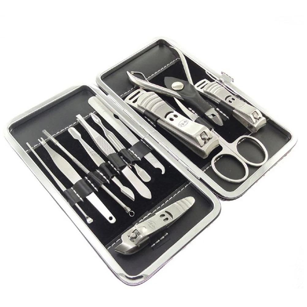 

12pcs Stainless Steel Manicure Pedicure Kit Grooming Tools Set Nail Care Set Silver Pouch Plant Print Travel Gift