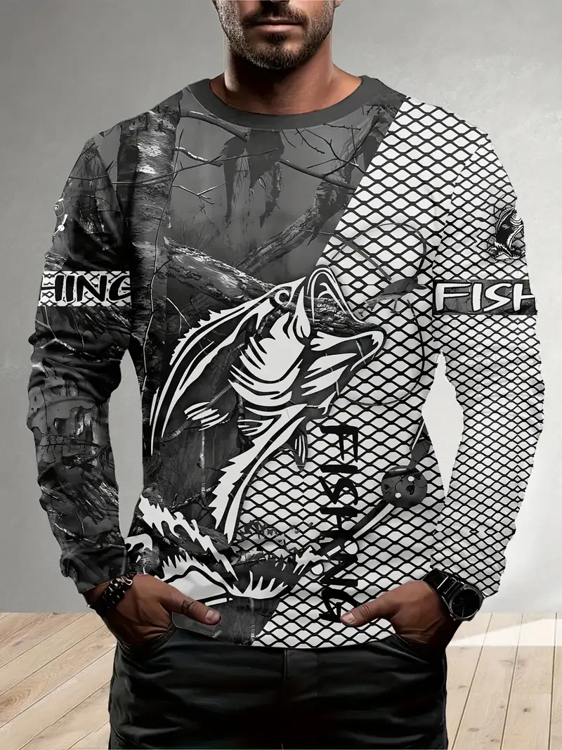الرجال في الهواء الطلق الصيد طويلة الأكمام تي شيرت ثلاثية الأبعاد الأسماك طباعة الجولة الرقبة التي شيرت الصيف بلوزة فضفاضة غير رسمية المتضخم الرجال ملابس الصيد #5