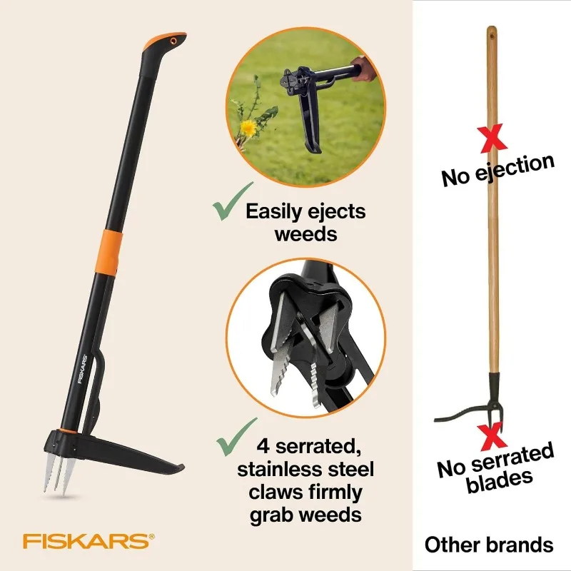 Ferramenta de jardinagem manual, extrator de ervas daninhas de 4 garras Stand Up, 39 "Long Ergonomic Handle, Easy-Eject Tool